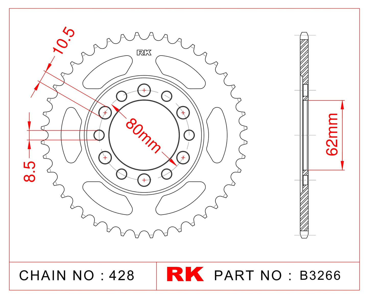 Sprocket Rear RK-B3266-45 (AFAM-12208 JTR1842 JTR 1842-45) 10.5 / 8.5mm holes
