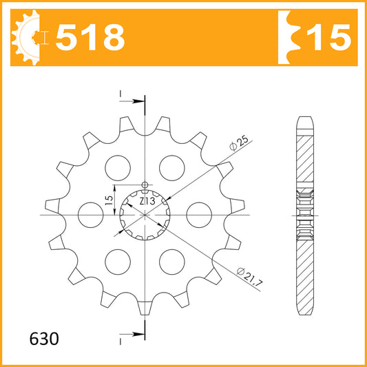 Sprocket Front JTF 518-15 AFAM 33600 RK C8225-15 630 pitch