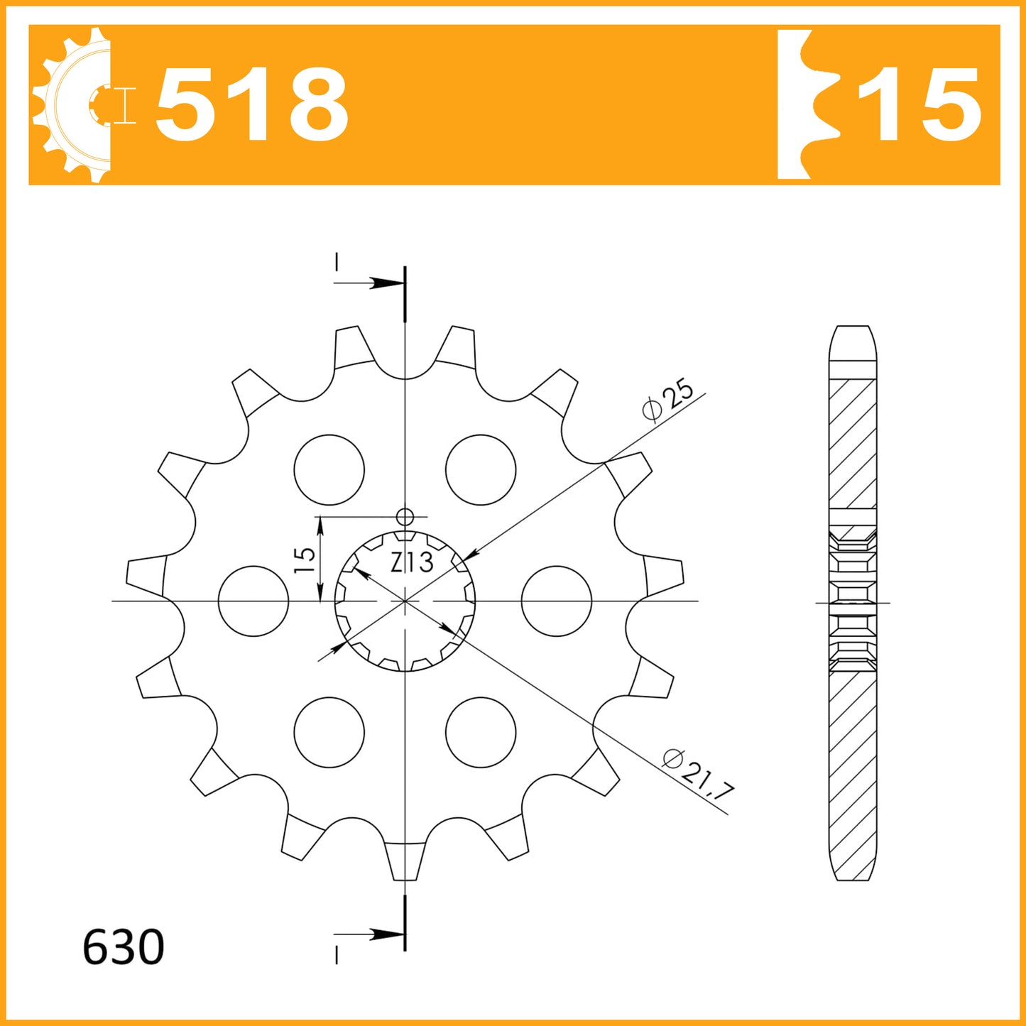 Sprocket Front JTF 518-15 AFAM 33600 RK C8225-15 630 pitch